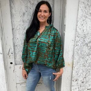 Entro Teal and Brown Patterned Blouse